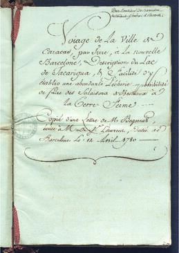 Voyage de la ville de Caracas, par terre, a la nouvelle Barcelone, Description du lac de Tacarigua por Mrs. Begorras a Mrs. De Saint Laurent