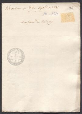 Real Orden de José de Gálvez al intendente de Caracas, Francisco de Saavedra, confirmando la recepción de la correspondencia que le ha remitido