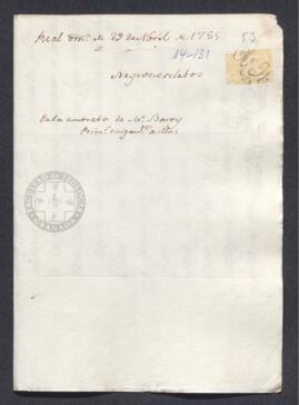 Real Orden de José de Gálvez al intendente de Caracas, Francisco de Saavedra, en la que se informa del contrato firmado con el comerciante Eduardo Barri para el suministro de esclavos