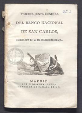 Acta de la tercera Junta General de Accionistas del Banco Nacional de San Carlos, celebrada el 22 de diciembre de 1784
