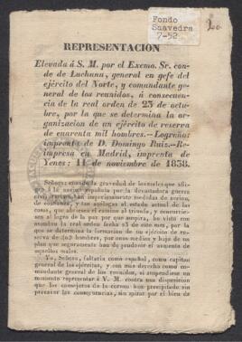 Representación del conde de Luchana, general del Ejército del Norte, sobre la organización de un ejército de reserva de cien mil hombres