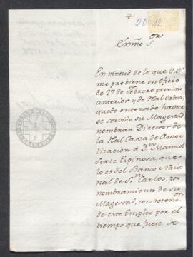 Oficio de Patricio Martínez de Bustos a Francisco de Saavedra, en el que da cuenta de haber recibido la Real Orden de 27 de febrero que nombra a Manuel Sixto Espinosa como director de la Caja de Amortización