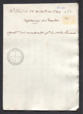 Real Orden de José de Gálvez al intendente de Caracas, Francisco de Saavedra, con el nombramiento de capitán del puerto de La Guaira