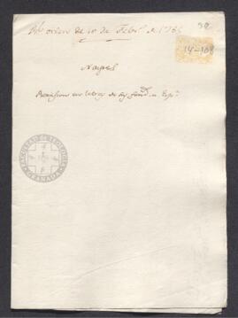 Real Orden de José de Gálvez al intendente de Caracas, Francisco de Saavedra, exigiendo la remisión a España de las cantidades recaudadas por la renta de naipes