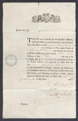 Salvoconducto de las autoridades de Jamaica, librado a favor del prisionero de guerra Francisco de saavedra, para que pueda deambular por las calles de Kingston