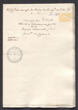 Real Cédula del Consejo de Indias, solicitando información al intendente de Caracas, Francisco de Saavedra, sobre el supuesto despojo hecho por José de Abalos al ayuntamiento de Caracas en la regalía relativa al reparto de solares en el puerto de La Guaira