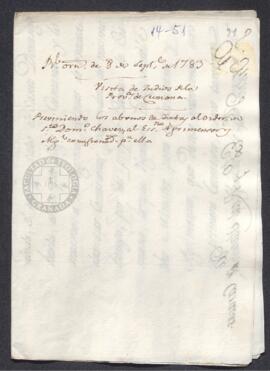Real Orden de José de Gálvez al intendente de Caracas, Francisco de Saavedra, exigiendo el abono de dietas a Luis Chávez y Mendoza como consecuencia de la visita que éste practicaba en Nueva Andalucía