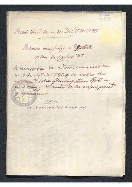 Real Orden de Antonio Valdés al intendente de Caracas, Francisco Saavedra, en la que se reitera el cumplimiento de la Real Orden de 19 de agosto de 1786, sobre la remisión de dinero desde Indias, y especialmente del que corresponde a la Orden de Carlos III