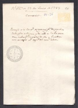 Real Orden de José de Gálvez al intendente de Caracas, Francisco de Saavedra, concediendo un permiso a la Compañía de caracas para fletar un barco con mercancías desde Cádiz a Veracruz y de allí a La Guaira, en virtud del reglamento de Comercio Libre
