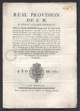 Real Provisión para que los cursos de Filosofía y Teología de la Universidades de Granada y Orihuela tengan validez en cualquier universidad, y se extiendan también a las facultades del Derecho Civil y Canónico desde su fundación