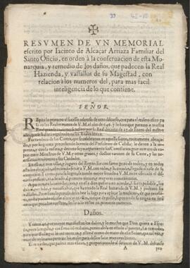 Resumen de un memorial escrito por Jacinto de AlcázarArriaza, sobre los daños que padece la Real Hacienda