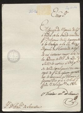 Real Orden de Nicolas Sierra a Francisco de Saavedra, notificando la agregación al Despacho de Hacienda de Antonio Uclés