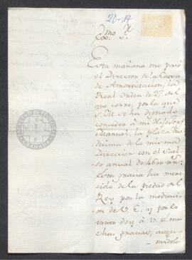 Carta de Juan Fernández Aranalde a Francisco de Saavedra, en la que agradece el empleo de su hijo en la Caja de Amortización