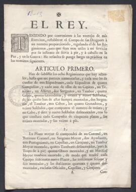 Real Orden por la que se reestablece el cuerpo de dragones y se organizan en regimientos