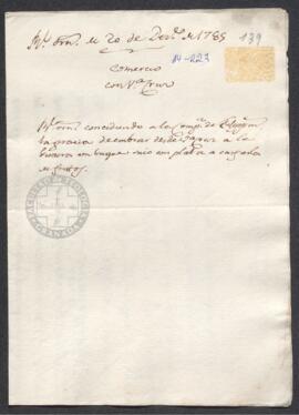 Real Orden de José de Gálvez al intendente de Caracas, Francisco de Saavedra, concediendo a la Compañía de Filipinas la gracia de fletar desde Veracruz a La Guaira un navío con plata o fruto