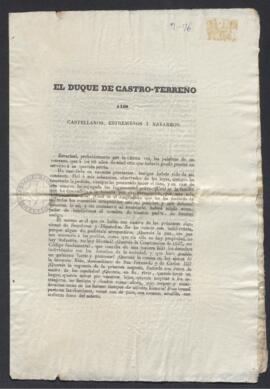 Proclama del duque de Castro-Terreño a los castellanos, extremeños y navarros exhortándolos a participar en las elecciones al Congreso de los Diputados y senado