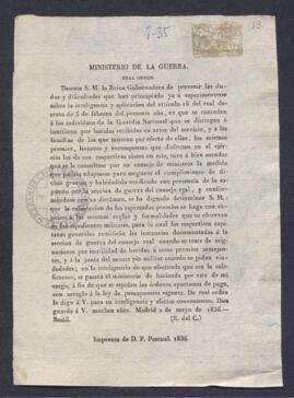 Real Orden concedida a los miembros de la Guardia Nacional heridos en combate, o a los huérfanos y viudas en su caso, los mismos premios, honores y recompensas que se disfrutan en el Ejército