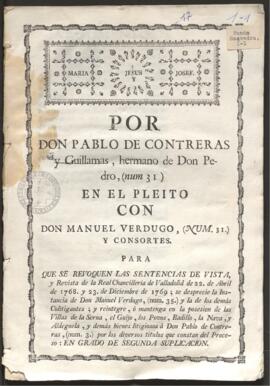 Pleito de Pablo de Contreras, con Manuel Verdugo. Sobre la posesión de las villas de La serna, el Guijo, los Povos, Badillo, la Nava y Aldegüela