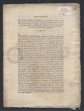 Alocución de la Junta creada para la dirección e inversión de los fondos aplicados al socorro de los pueblos de Murcia y Orihuela tras el terremoto de 1829