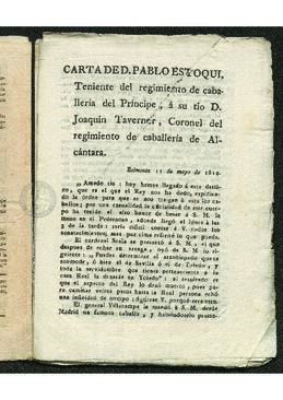 Carta publicada de D.Pablo Estoqui, teniente del regimiento de caballería del Príncipe a su tío D. Joaquín Taverner, regimiento de caballería de Alcántara