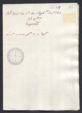Real Orden de José de Gálvez al intendente de Caracas, Francisco de Saavedra, concediendo una licencia para viajar a España a un empleado de la Real Hacienda