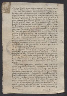 Proclama dirigida desde Bourges (Francia) por uno de los generales del pretendiente, a los carlistas de Cataluña