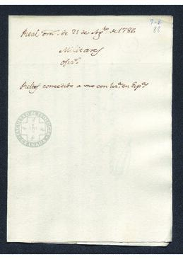 Real Orden de José de Gálvez al intendente de Caracas, Francisco Saavedra, concediendo el retiro al ayudante del batallón de milicias regladas de pardos de los valles de Aragua
