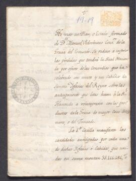 Memorial de Sebastián de Jocano criticando el estado firmado por Manuel Pedrobueno, contador de la Gracia del excusado, sobre las concordias celebradas con 21 cabildos eclesiásticos acerca de los anticipos que éstos hacen a la Real Hacienda