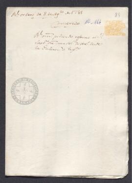 Real Orden de José de Gálvez al intendente de Caracas, Francisco de Saavedra, solicitando un informe para conceder una licencia de comercio entre España y Venezuela a un navío venezolano