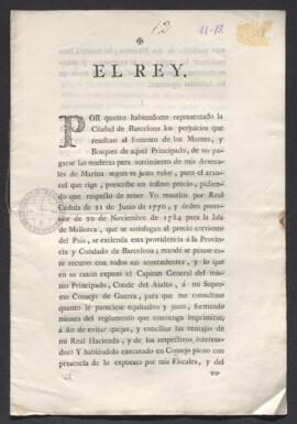 Real Cédula para que se paguen por su justo valor las maderas extraídas del principado de Barcelona y destinadas a los arsenales de Marina