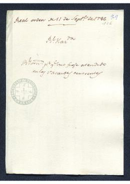 Real Orden de José de Gálvez al intendente de Caracas, Francisco Saavedra, requiriendo la mejora en su destino de un oficial de la Real Hacienda de la provincia de Maracaibo