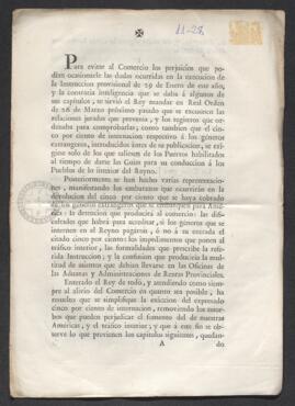 Real Orden por la que se deroga la Instrucción de 29 de enero de 1790, relativa al cobro de l cinco por ciento de internación que debía cobrarse a los géneros extranjeros en los puertos habitados de Castilla y León