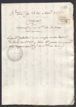 Real Orden de José de Gálvez al intendente de Caracas, Francisco de Saavedra, exigiendo la liquidación de los comisos hechos desde el 1 de enero de 1777 y de la cuarta parte de los mismos correspondientes a José de Gálvez