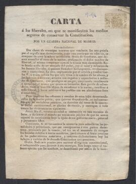 Carta de un guardia nacional de Madrid a los liberales sobre la forma de conservar la Constitución