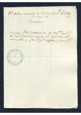 Real Orden de José de Gálvez al intendente de Caracas, Francisco Saavedra, regulando las cantidades de dinero que pueden conducirse en los navíos de comercio y en los de la Real Armada