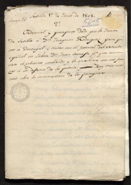 Credencial y pasaporte dado por la Junta de Sevilla a Joaquín Rodríguez para pasar a Portugal y solicitar el apoyo del general Juan Carrafa.