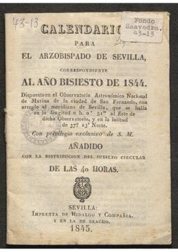Calendario para el arzobispado de Sevilla, correspondiente a 1844. Observatorio Astronómico Nacional de Marina de San Fernando