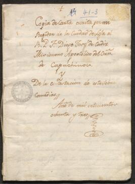 Cartas cruzas entre Pedro Antonio de Andaya y fray Diego José de Cádiz, sobre cuestiones morales y teológicas relacionadas co las comedias