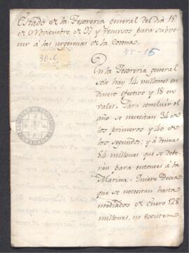 Estado de la Tesorería General del día 15 de noviembre de 1797; y Reales Ordenes que aprueban los recursos que deben subvenir a las urgencias de la Corona
