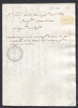 Real Orden de José de Gálvez al intendente de Caracas, Francisco de Saavedra, informando sobre la retención de haberes para la esposa de un empleado del resguardo marítimo