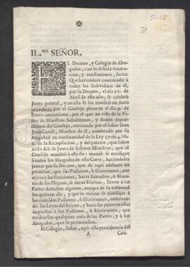 Representación del Colegio de Abogados de Madrid sobre el auto del Consejo que prohíbe a los pasantes y escribientes de los abogados que, por ejercer sus funciones, pasen a las partes derecho alguno