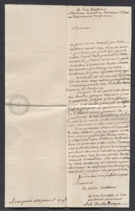 Carta de André Jean De La Rocque al Secretario de Estado de Hacienda, Francisco de Saavedra, en la que solicita permiso para gestionar una serie de actividades encaminadas a hacer prosperar la isla de Puerto Rico