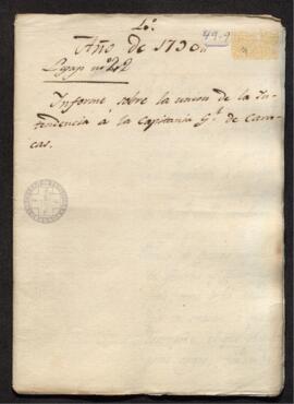 Informe de Francisco de Saavedra a Pedro de Lerena, sobre la unión de la Intendencia y Capitanía General de Caracas
