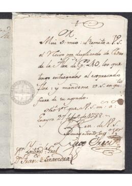 Recibo de remitente desconocido (firma ilegible) emitido a nombre de Pedro de la Flor y destinado a Francisco de Saavedra