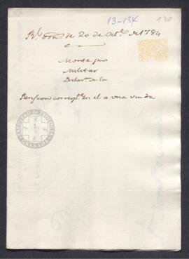 Real Orden de José de Gálvez al intendente de Caracas, Francisco de Saavedra, concediendo una pensión a la viuda de un militar destinado en Cumaná