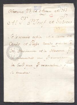 Oficio de Francisco de Saavedra a José de Gálvez, sobre la entrega de dinero al conde de Grasse