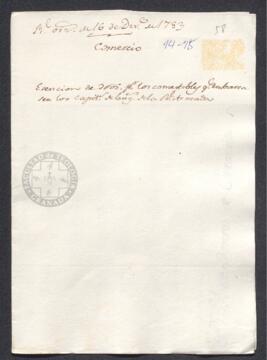 Real Orden de José de Gálvez al intendente de Caracas, Francisco de Saavedra, eximiendo de derechos a los comestibles embarcados para la Real Armada