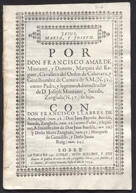 Pleito de Francisco Amar de Muntaner, marqués de Reguer, por su hijo José de Muntaner, con Francisco Llabres de Armengol por su hijo Juan Bordils y María anglada, marquesa de Ciutadilla, y Juan Roig. Sobre la paga de unas cantidades en concepto de pensión y réditos vencidos hasta 1734