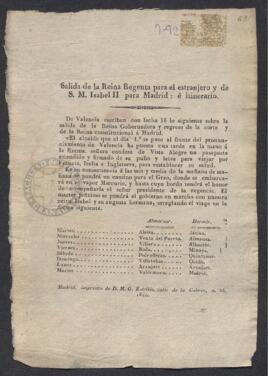 Noticia de la salida de la Reina Regente al extranjero y del regreso de Isabel II a Madrid