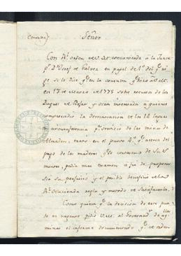 Notificación de José de Gálvez al gobernador de las minas de Almadén, Rodrigo de la Torre, para que éste emita un informe sobre los dominios del duque de Béjar y otros en la jurisdicción de aquellas minas